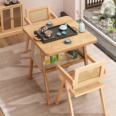 Traditional Japanese Solid Wood Rattan Square Eight-Leg Coffee Table With 2-Tier For Living Room