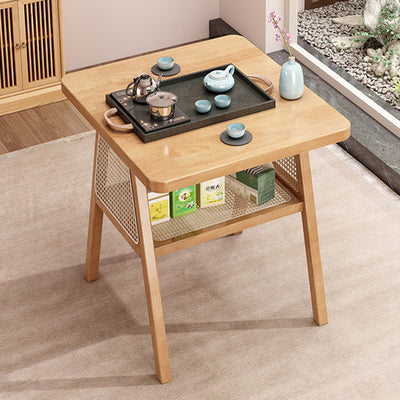 Traditional Japanese Solid Wood Rattan Square Eight-Leg Coffee Table With 2-Tier For Living Room