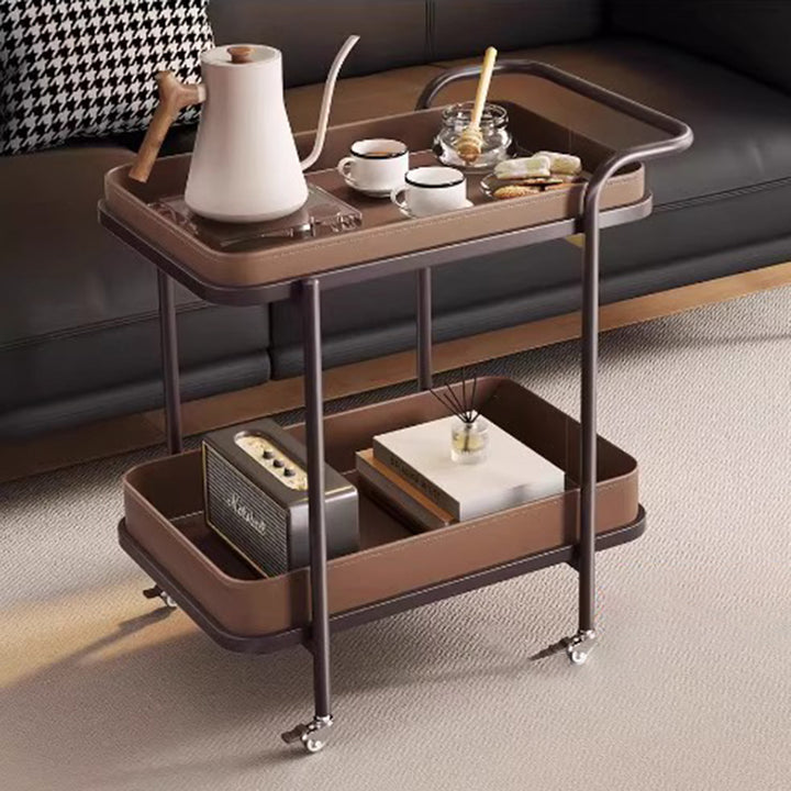 Table d'appoint carrée arrondie en métal et acier au carbone, avec cuir de selle vintage traditionnel, à 2 niveaux pour salon 