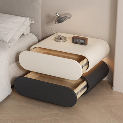 Modern Luxury Cat Scratch Resistant Leather Solid Wood Oval Nightstand With 2-Drawer For Bedroom