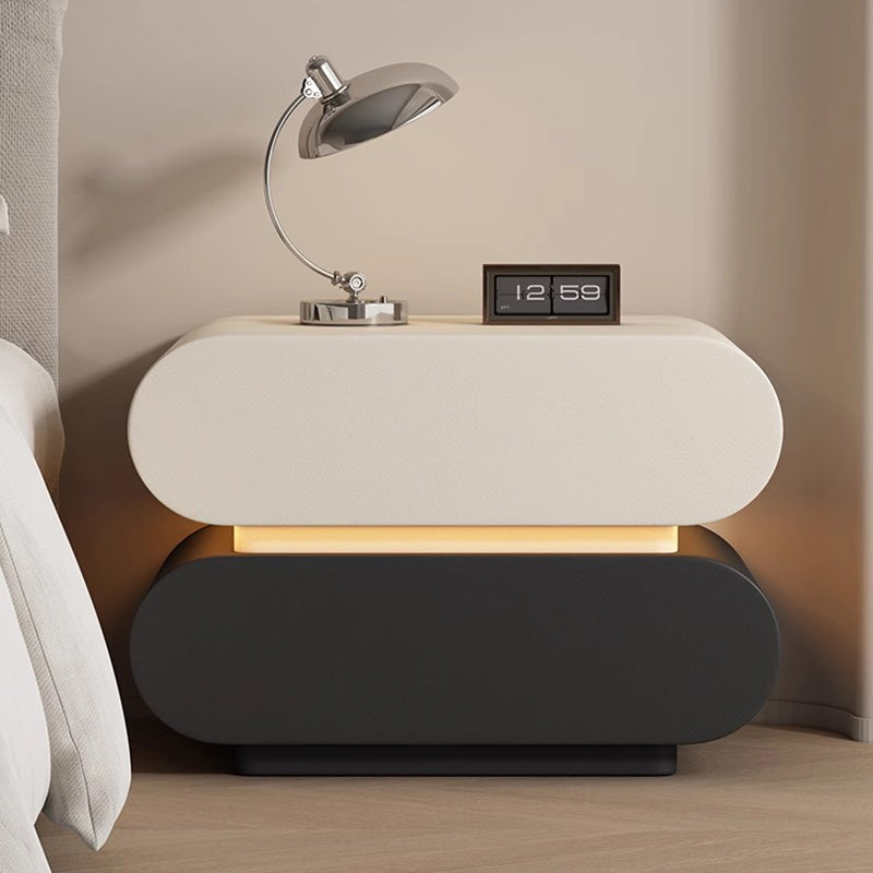 Modern Luxury Cat Scratch Resistant Leather Solid Wood Oval Nightstand With 2-Drawer For Bedroom