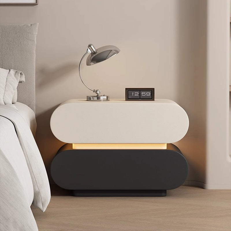 Modern Luxury Cat Scratch Resistant Leather Solid Wood Oval Nightstand With 2-Drawer For Bedroom