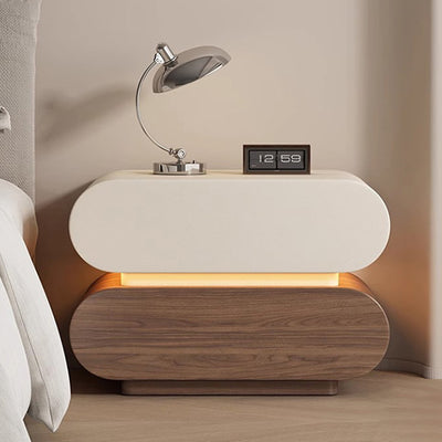 Modern Luxury Cat Scratch Resistant Leather Solid Wood Oval Nightstand With 2-Drawer For Bedroom