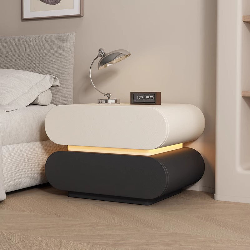 Modern Luxury Cat Scratch Resistant Leather Solid Wood Oval Nightstand With 2-Drawer For Bedroom