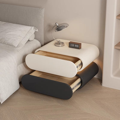 Modern Luxury Cat Scratch Resistant Leather Solid Wood Oval Nightstand With 2-Drawer For Bedroom