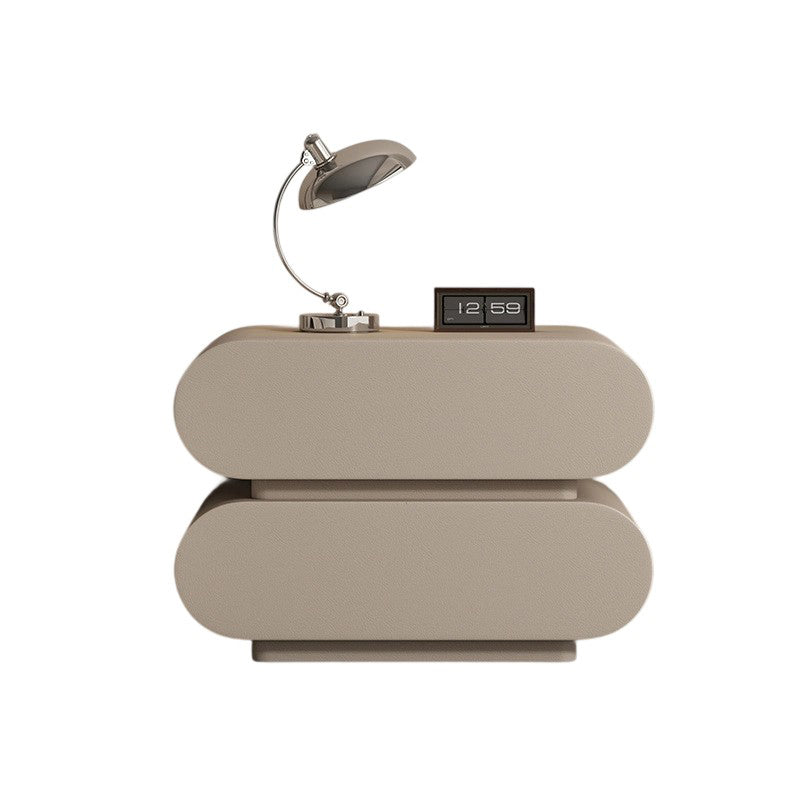 Modern Luxury Cat Scratch Resistant Leather Solid Wood Oval Nightstand With 2-Drawer For Bedroom