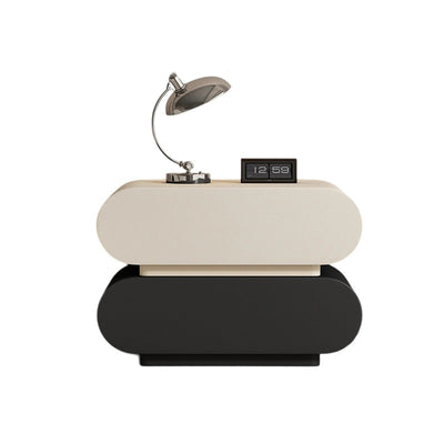 Modern Luxury Cat Scratch Resistant Leather Solid Wood Oval Nightstand With 2-Drawer For Bedroom