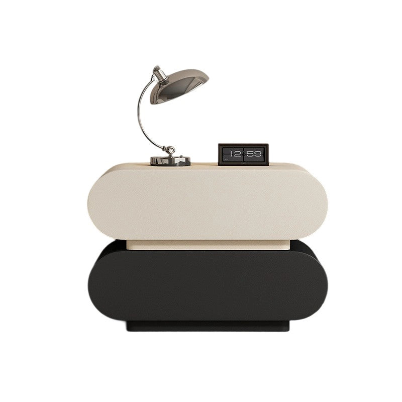Modern Luxury Cat Scratch Resistant Leather Solid Wood Oval Nightstand With 2-Drawer For Bedroom