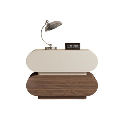 Modern Luxury Cat Scratch Resistant Leather Solid Wood Oval Nightstand With 2-Drawer For Bedroom