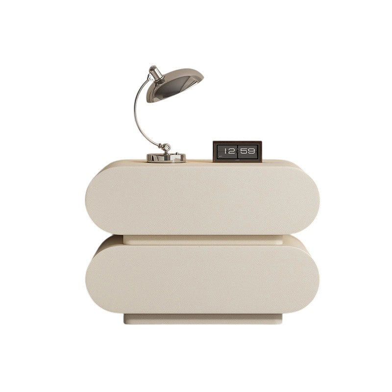 Modern Luxury Cat Scratch Resistant Leather Solid Wood Oval Nightstand With 2-Drawer For Bedroom