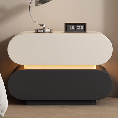 Modern Luxury Cat Scratch Resistant Leather Solid Wood Oval Nightstand With 2-Drawer For Bedroom