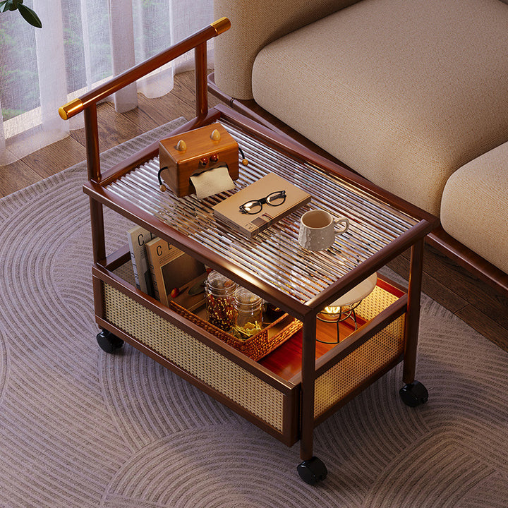Table d'appoint rectangulaire et cylindrique vintage traditionnel en bambou, rotin, acrylique et MDF avec 2 niveaux pour salon 