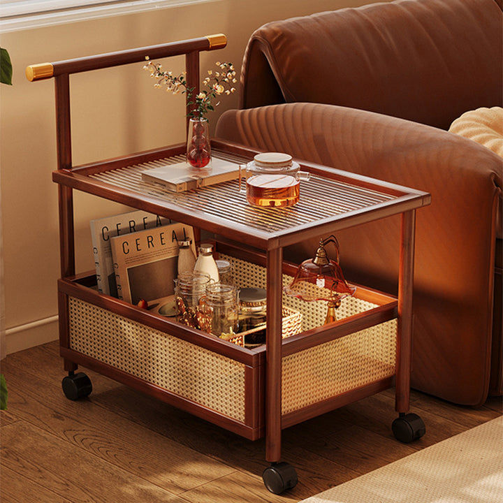 Table d'appoint rectangulaire et cylindrique vintage traditionnel en bambou, rotin, acrylique et MDF avec 2 niveaux pour salon 