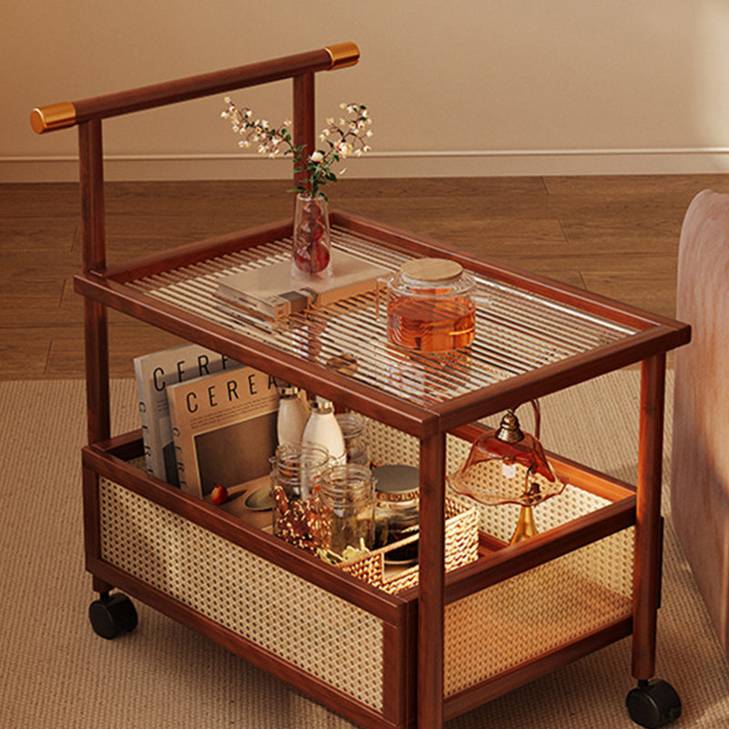 Traditioneller Vintage-Bambus-Rattan-Acryl-MDF-Rechteckiger Zylindrischer Beistelltisch mit 2 Ebenen für das Wohnzimmer 