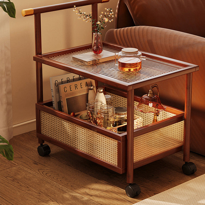 Traditioneller Vintage-Bambus-Rattan-Acryl-MDF-Rechteckiger Zylindrischer Beistelltisch mit 2 Ebenen für das Wohnzimmer 