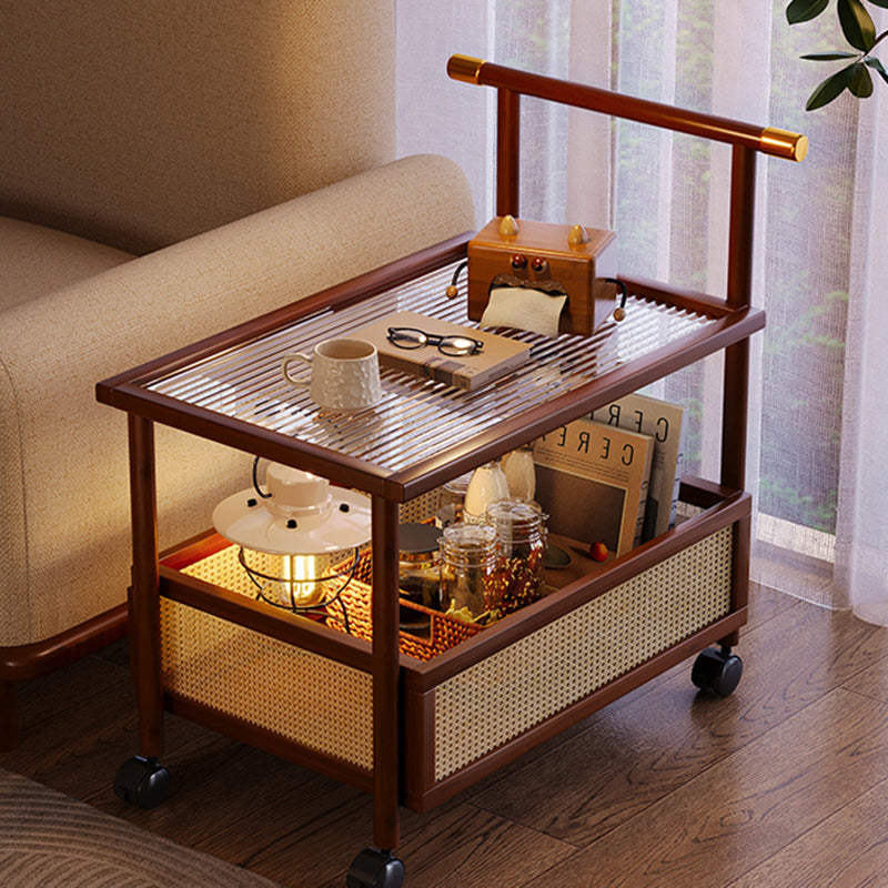 Traditioneller Vintage-Bambus-Rattan-Acryl-MDF-Rechteckiger Zylindrischer Beistelltisch mit 2 Ebenen für das Wohnzimmer 
