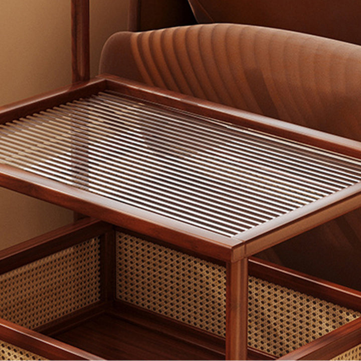 Traditioneller Vintage-Bambus-Rattan-Acryl-MDF-Rechteckiger Zylindrischer Beistelltisch mit 2 Ebenen für das Wohnzimmer 