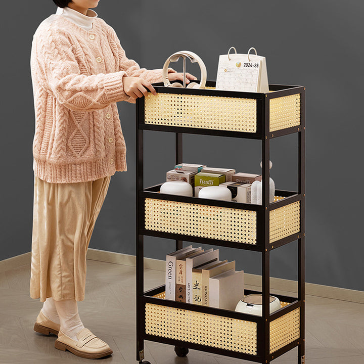 Étagère de rangement mobile rectangulaire en bambou et rotin, style minimaliste moderne, avec 3 étagères pour le salon 