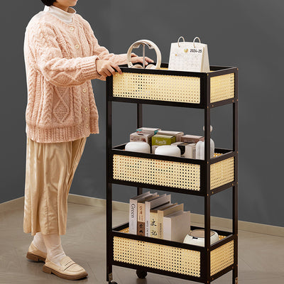 Estante de almacenamiento móvil rectangular de bambú ratán minimalista moderno con diseño de 3 estantes para sala de estar 