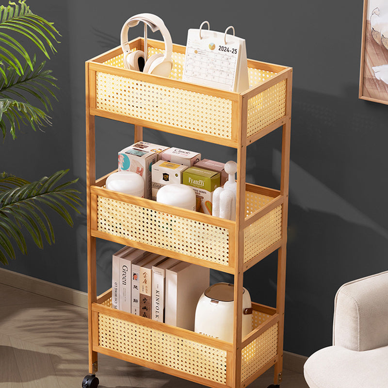 Estante de almacenamiento móvil rectangular de bambú ratán minimalista moderno con diseño de 3 estantes para sala de estar 