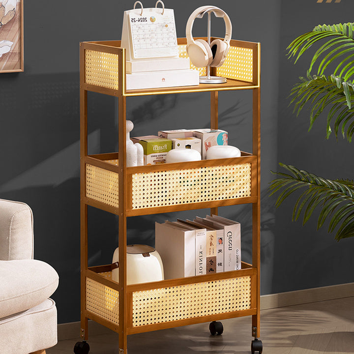 Étagère de rangement mobile rectangulaire en bambou et rotin, style minimaliste moderne, avec 3 étagères pour le salon 