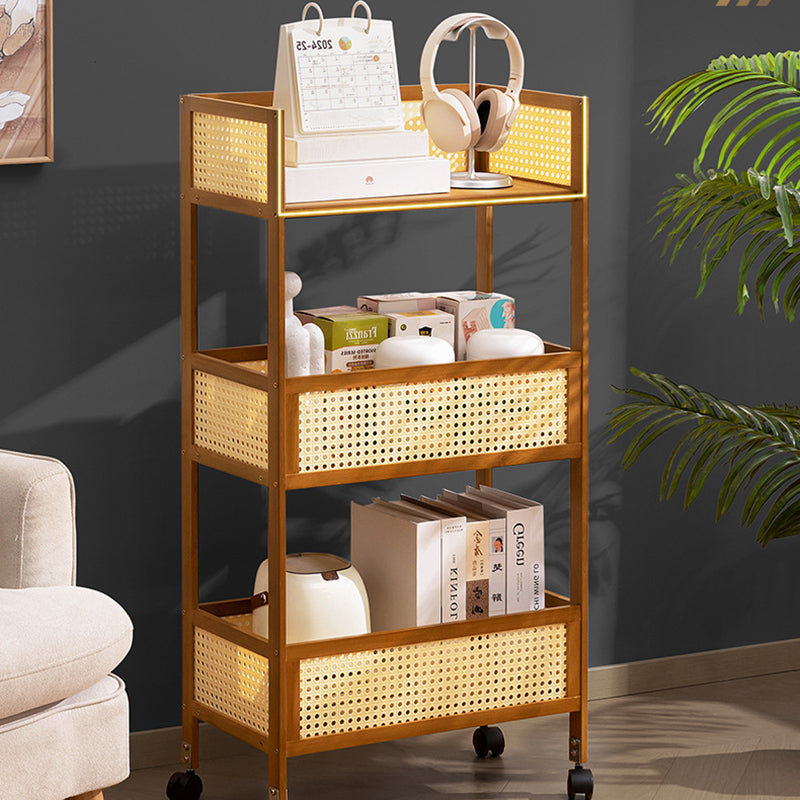 Estante de almacenamiento móvil rectangular de bambú ratán minimalista moderno con diseño de 3 estantes para sala de estar 