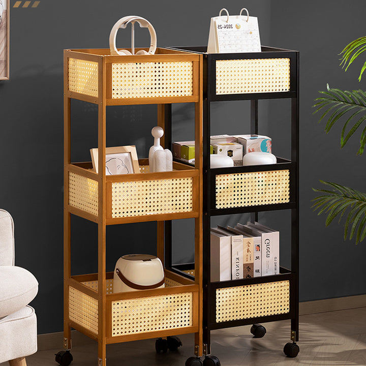 Étagère de rangement mobile rectangulaire en bambou et rotin, style minimaliste moderne, avec 3 étagères pour le salon 