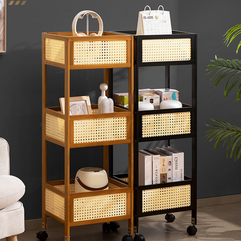 Estante de almacenamiento móvil rectangular de bambú ratán minimalista moderno con diseño de 3 estantes para sala de estar 