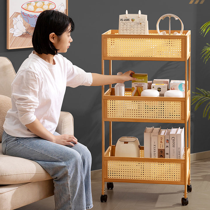 Étagère de rangement mobile rectangulaire en bambou et rotin, style minimaliste moderne, avec 3 étagères pour le salon 