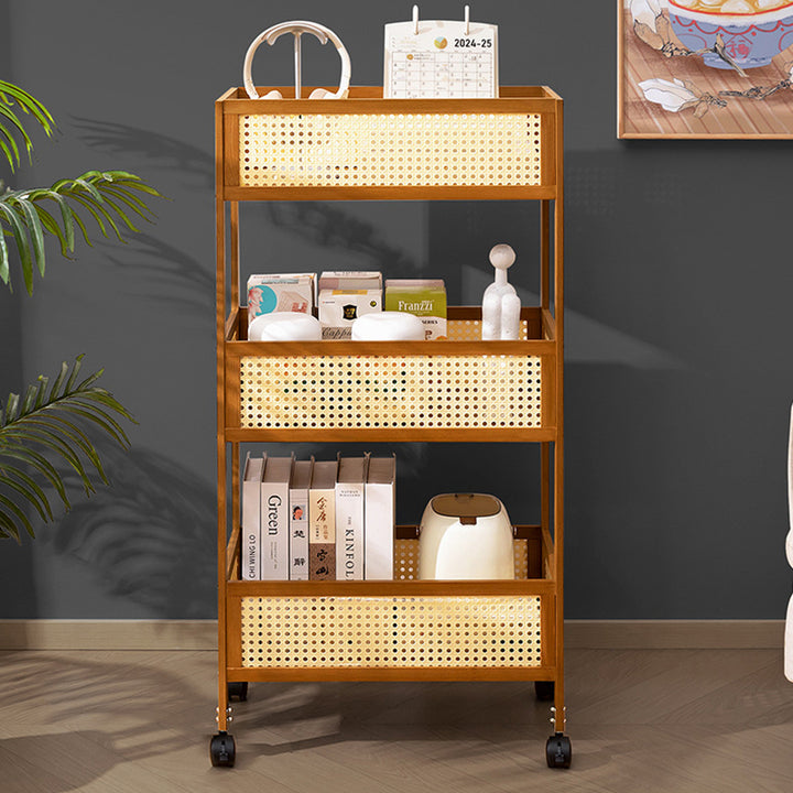 Étagère de rangement mobile rectangulaire en bambou et rotin, style minimaliste moderne, avec 3 étagères pour le salon 