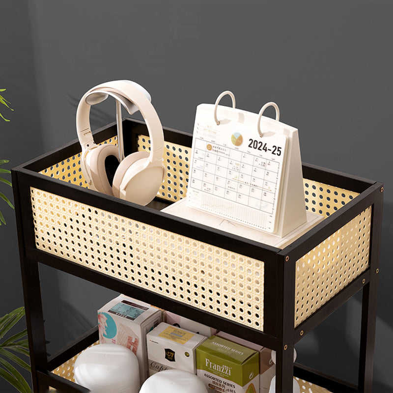 Estante de almacenamiento móvil rectangular de bambú ratán minimalista moderno con diseño de 3 estantes para sala de estar 