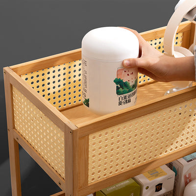 Estante de almacenamiento móvil rectangular de bambú ratán minimalista moderno con diseño de 3 estantes para sala de estar 