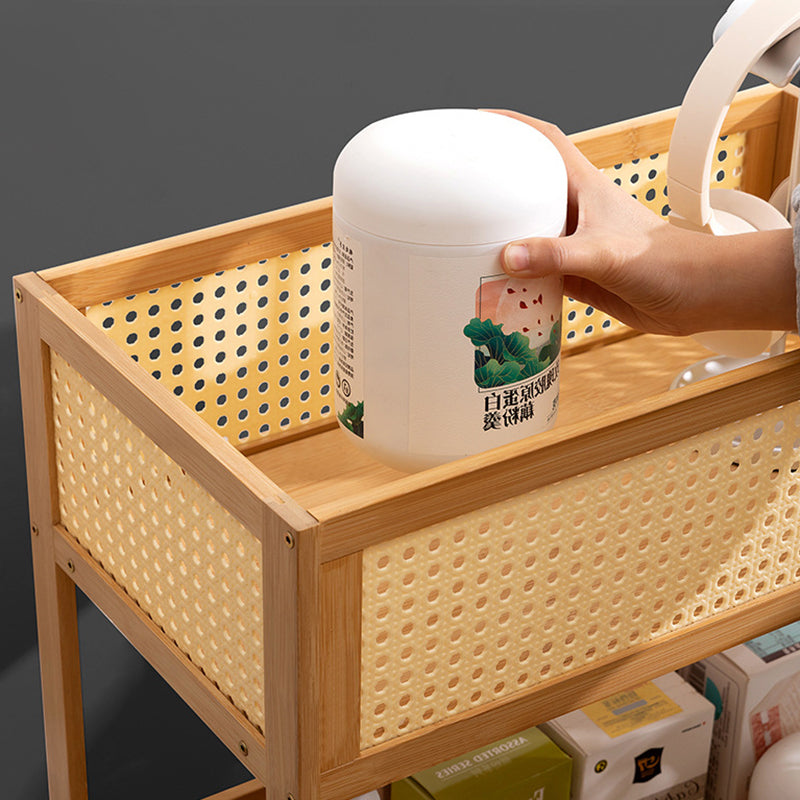 Estante de almacenamiento móvil rectangular de bambú ratán minimalista moderno con diseño de 3 estantes para sala de estar 