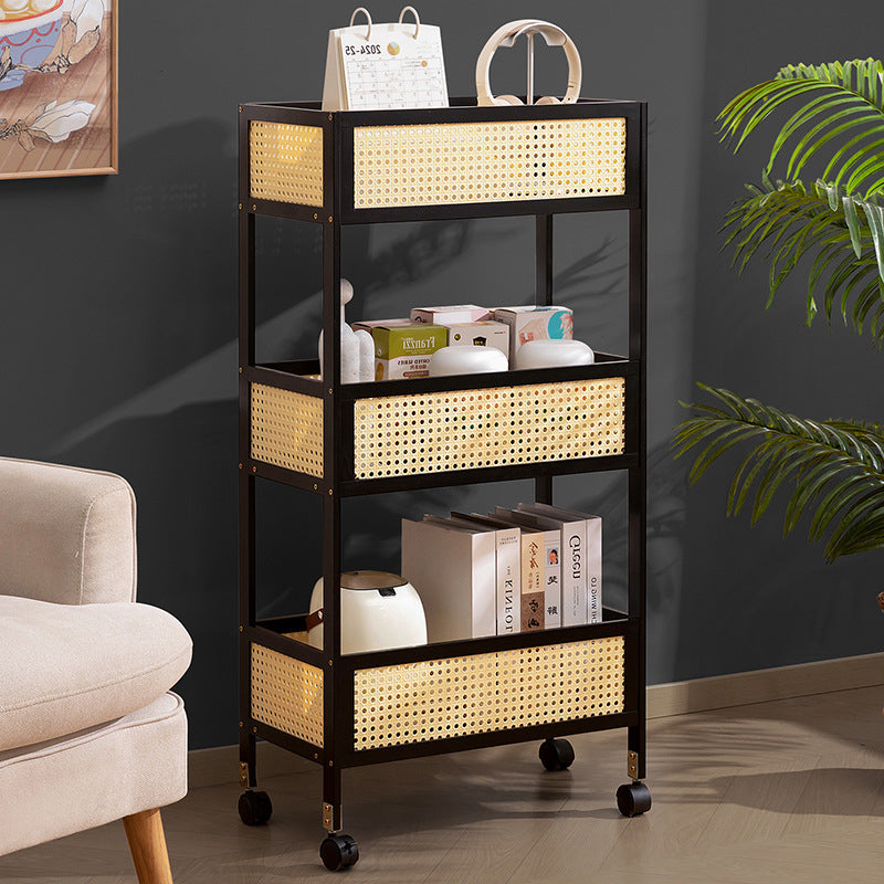 Estante de almacenamiento móvil rectangular de bambú ratán minimalista moderno con diseño de 3 estantes para sala de estar 