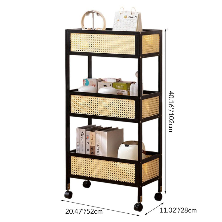 Étagère de rangement mobile rectangulaire en bambou et rotin, style minimaliste moderne, avec 3 étagères pour le salon 