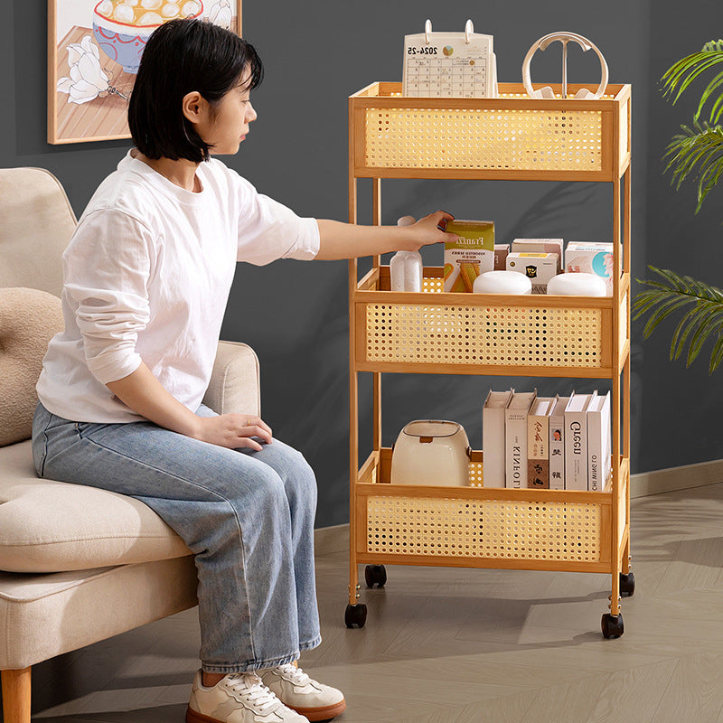 Estante de almacenamiento móvil rectangular de bambú ratán minimalista moderno con diseño de 3 estantes para sala de estar 