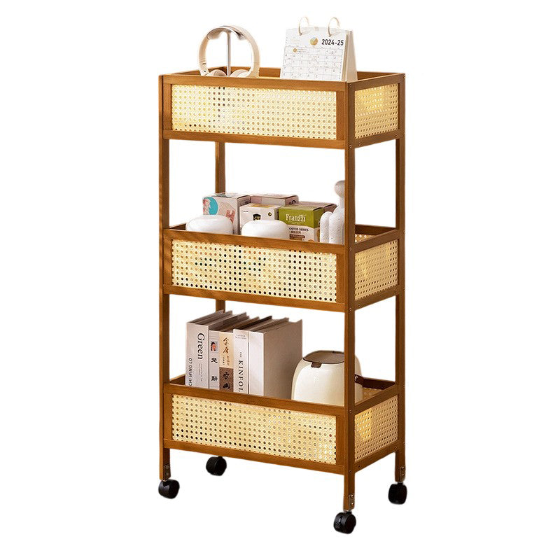 Estante de almacenamiento móvil rectangular de bambú ratán minimalista moderno con diseño de 3 estantes para sala de estar 