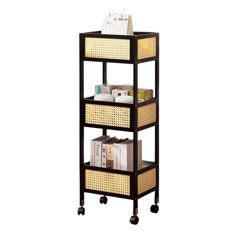 Estante de almacenamiento móvil rectangular de bambú ratán minimalista moderno con diseño de 3 estantes para sala de estar 