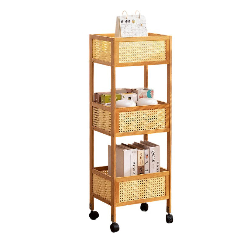 Estante de almacenamiento móvil rectangular de bambú ratán minimalista moderno con diseño de 3 estantes para sala de estar 