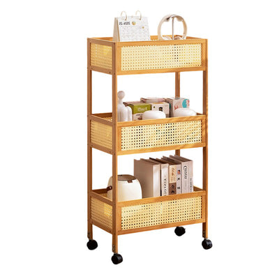 Estante de almacenamiento móvil rectangular de bambú ratán minimalista moderno con diseño de 3 estantes para sala de estar 