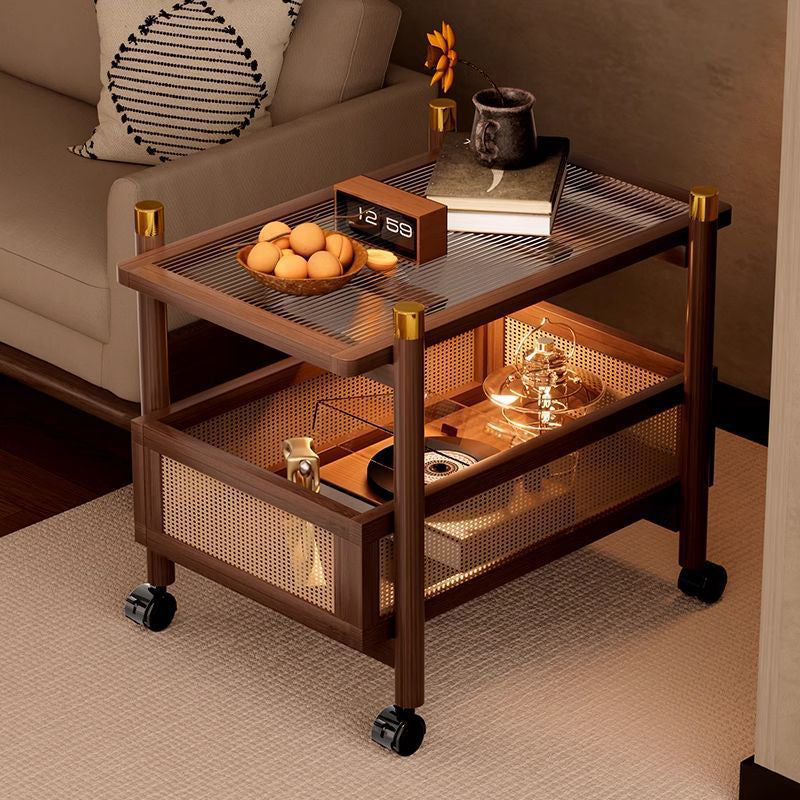 Traditional Chinese Bamboo Plastic Rattan Acrylic Rectangular Mobile Coffee Table With 2-Tier For Living Room