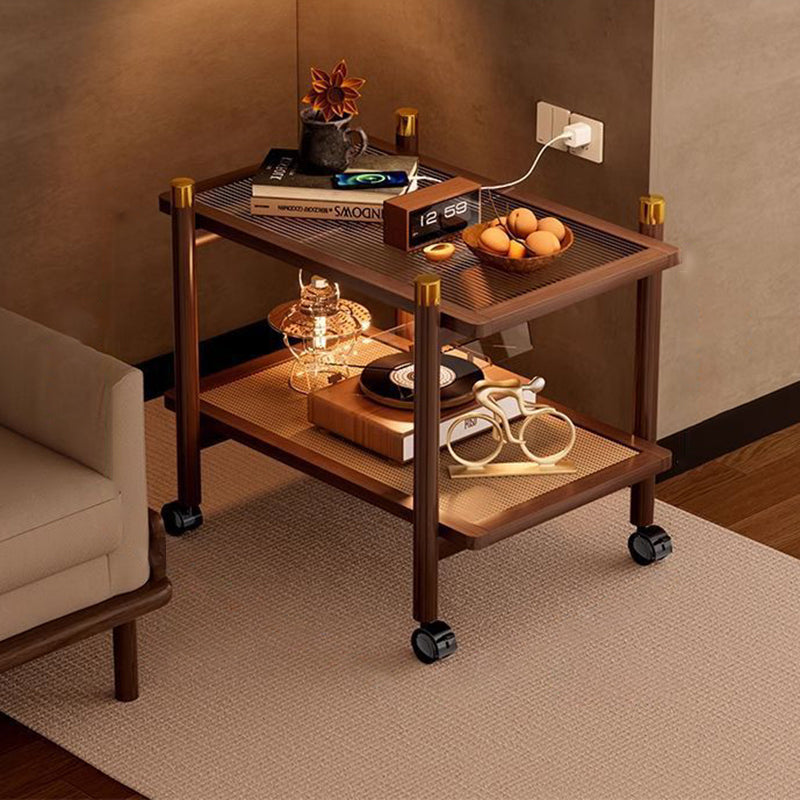 Traditional Chinese Bamboo Plastic Rattan Acrylic Rectangular Mobile Coffee Table With 2-Tier For Living Room