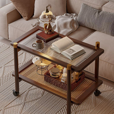 Traditional Chinese Bamboo Plastic Rattan Acrylic Rectangular Mobile Coffee Table With 2-Tier For Living Room