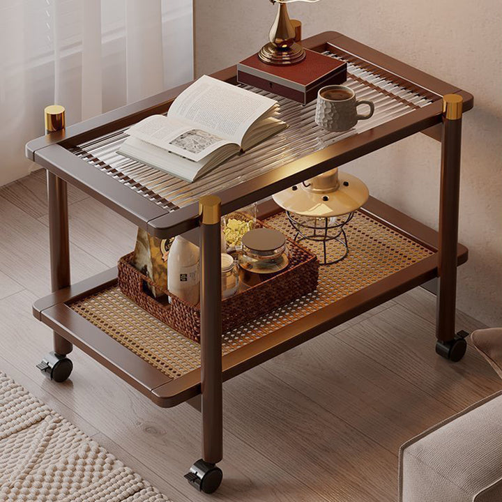 Table basse mobile rectangulaire en acrylique, rotin, bambou et plastique de style chinois traditionnel avec 2 niveaux pour salon 