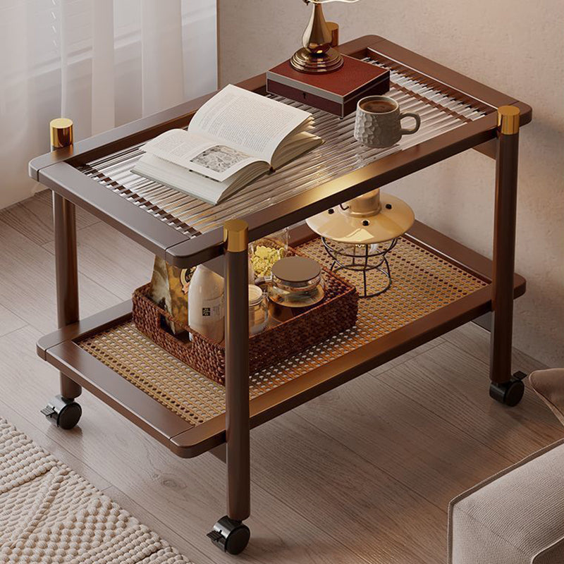 Traditional Chinese Bamboo Plastic Rattan Acrylic Rectangular Mobile Coffee Table With 2-Tier For Living Room