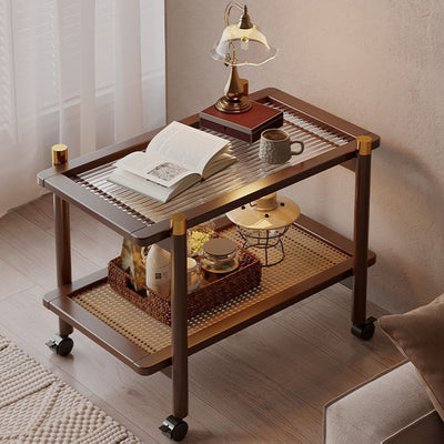 Traditional Chinese Bamboo Plastic Rattan Acrylic Rectangular Mobile Coffee Table With 2-Tier For Living Room