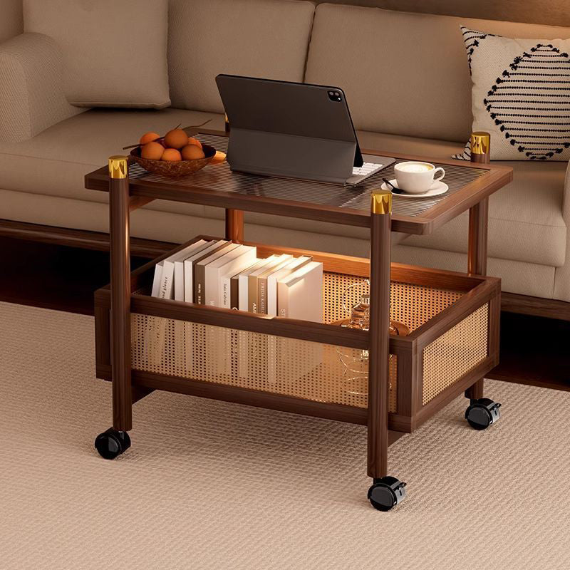 Traditional Chinese Bamboo Plastic Rattan Acrylic Rectangular Mobile Coffee Table With 2-Tier For Living Room