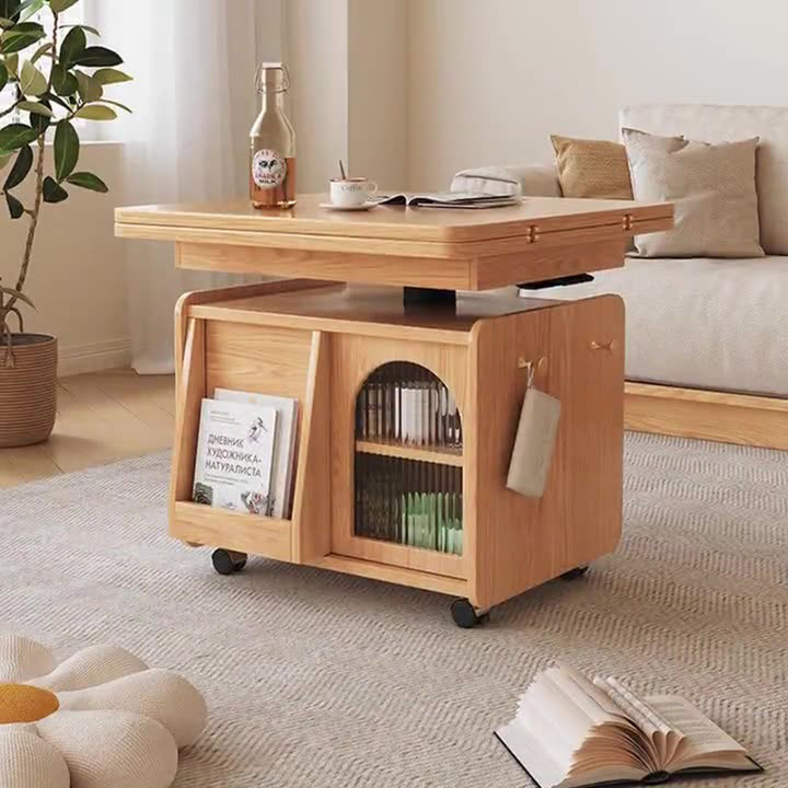 Contemporary Scandinavian Pine-Mixed Eco-Board Metal Glass Rounded Rectangular Movable Coffee Table With 2-Tier For Living Room