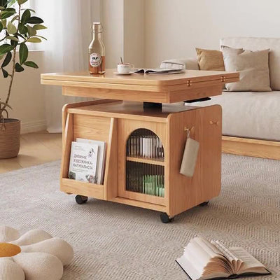 Contemporary Scandinavian Solid Wood Metal Glass Rounded Rectangular Movable Coffee Table With 2-Tier For Living Room