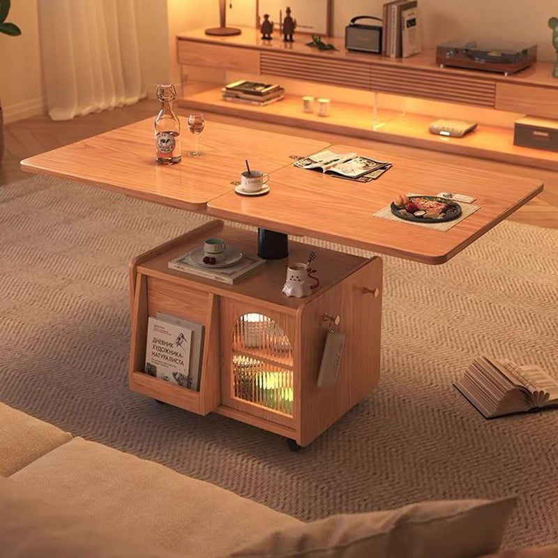 Contemporary Scandinavian Solid Wood Metal Glass Rounded Rectangular Movable Coffee Table With 2-Tier For Living Room